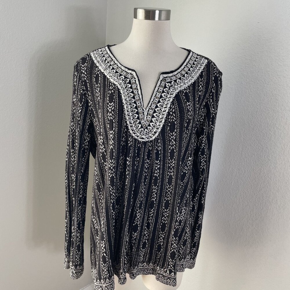 Lucky Brand Shirt Womens 2XL‎ Black White Embroidered Boho Tunic Top Long Sleeve